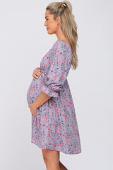 Lavender Floral Paisley Square Neck 3/4 Ruffle Sleeve Maternity Dress