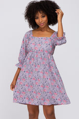 Lavender Floral Paisley Square Neck 3/4 Ruffle Sleeve Dress