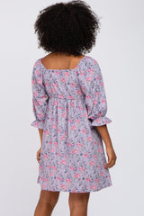 Lavender Floral Paisley Square Neck 3/4 Ruffle Sleeve Dress