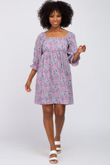 Lavender Floral Paisley Square Neck 3/4 Ruffle Sleeve Dress