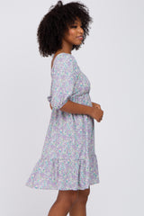 Lavender Floral Square Neck Ruffle Hem Dress