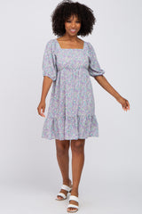 Lavender Floral Square Neck Ruffle Hem Dress