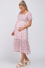 Ivory Floral Square Neck Ruffle Hem Maternity Midi Dress