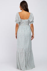 Mint Green Floral V-Neck Puff Sleeve Maternity Maxi Dress