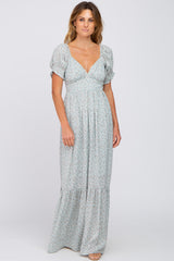 Mint Green Floral V-Neck Puff Sleeve Maternity Maxi Dress