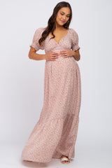 Mauve Floral V-Neck Puff Sleeve Maternity Maxi Dress