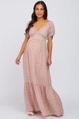 Mauve Floral V-Neck Puff Sleeve Maternity Maxi Dress