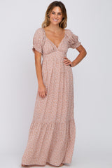 Mauve Floral V-Neck Puff Sleeve Maternity Maxi Dress