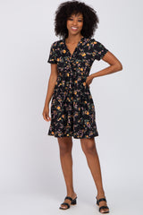 Black Floral Ruffle Wrap Front Short Sleeve Dress