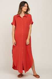 Rust Button Down Maternity Midi Dress