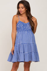 Royal Blue Gingham Tiered Maternity Dress