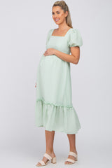 Mint Green Striped Puff Sleeve Maternity Midi Dress