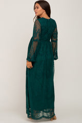 PinkBlush Forest Green Lace Mesh Overlay Long Sleeve Maternity Maxi Dress