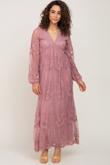 PinkBlush Mauve Lace Mesh Overlay Long Sleeve Maternity Maxi Dress