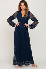 PinkBlush Navy Lace Mesh Overlay Long Sleeve Maternity Maxi Dress