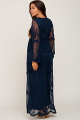 PinkBlush Navy Lace Mesh Overlay Long Sleeve Maternity Maxi Dress