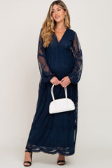 PinkBlush Navy Lace Mesh Overlay Long Sleeve Maternity Maxi Dress