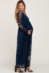 PinkBlush Navy Lace Mesh Overlay Long Sleeve Maternity Maxi Dress