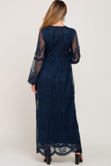 PinkBlush Navy Lace Mesh Overlay Long Sleeve Maternity Maxi Dress