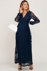 PinkBlush Navy Lace Mesh Overlay Long Sleeve Maternity Maxi Dress