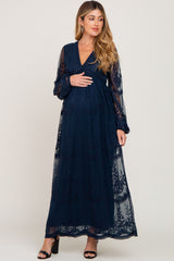 PinkBlush Navy Lace Mesh Overlay Long Sleeve Maternity Maxi Dress