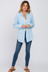 Light Blue Frayed Hem Button Down Top