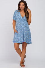 Blue Floral Tie Front Maternity Mini Dress