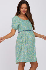 Green Floral Smocked Puff Sleeve Maternity Dress