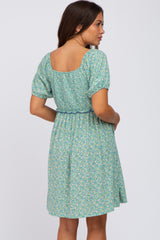 Green Floral Smocked Puff Sleeve Maternity Dress