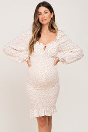 Cream Floral Sweetheart Neck Smocked Long Sleeve Maternity Dress