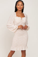 Cream Floral Sweetheart Neck Smocked Long Sleeve Dress