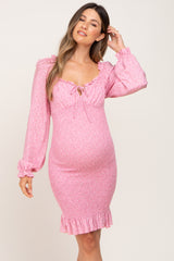 Pink Floral Sweetheart Neck Smocked Long Sleeve Maternity Dress