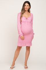 Pink Floral Sweetheart Neck Smocked Long Sleeve Maternity Dress