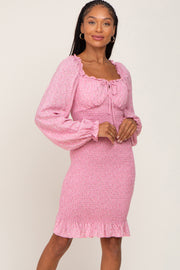 Pink Floral Sweetheart Neck Smocked Long Sleeve Dress