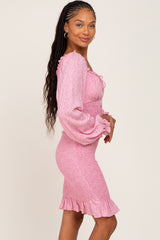 Pink Floral Sweetheart Neck Smocked Long Sleeve Dress