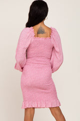 Pink Floral Sweetheart Neck Smocked Long Sleeve Dress