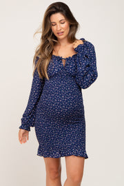 Navy Floral Sweetheart Neck Smocked Long Sleeve Maternity Dress