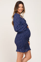 Navy Floral Sweetheart Neck Smocked Long Sleeve Maternity Dress