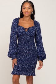 Navy Floral Sweetheart Neck Smocked Long Sleeve Dress