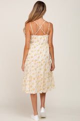 Yellow Floral Cross Back Tiered Maternity Midi Dress