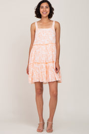 Orange Palm Printed Square Neck Ruffle Tiered Dress