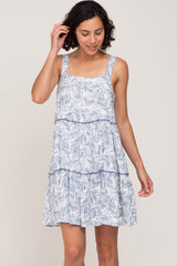 Blue Palm Printed Square Neck Ruffle Tiered Maternity Dress