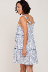 Blue Palm Printed Square Neck Ruffle Tiered Dress