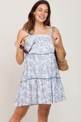 Blue Palm Printed Square Neck Ruffle Tiered Maternity Dress