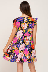 Black Multi-Color Floral Ruffle Maternity Dress