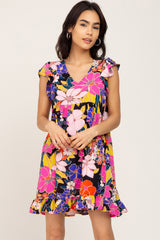 Black Multi-Color Floral Ruffle Maternity Dress