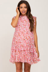 Pink Floral Ruffle Mock Neck Maternity Dress