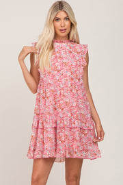 Pink Floral Ruffle Mock Neck Dress