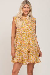 Mustard Floral Ruffle Mock Neck Dress