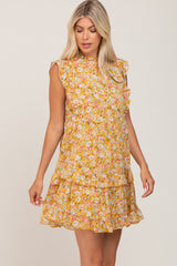 Mustard Floral Ruffle Mock Neck Dress